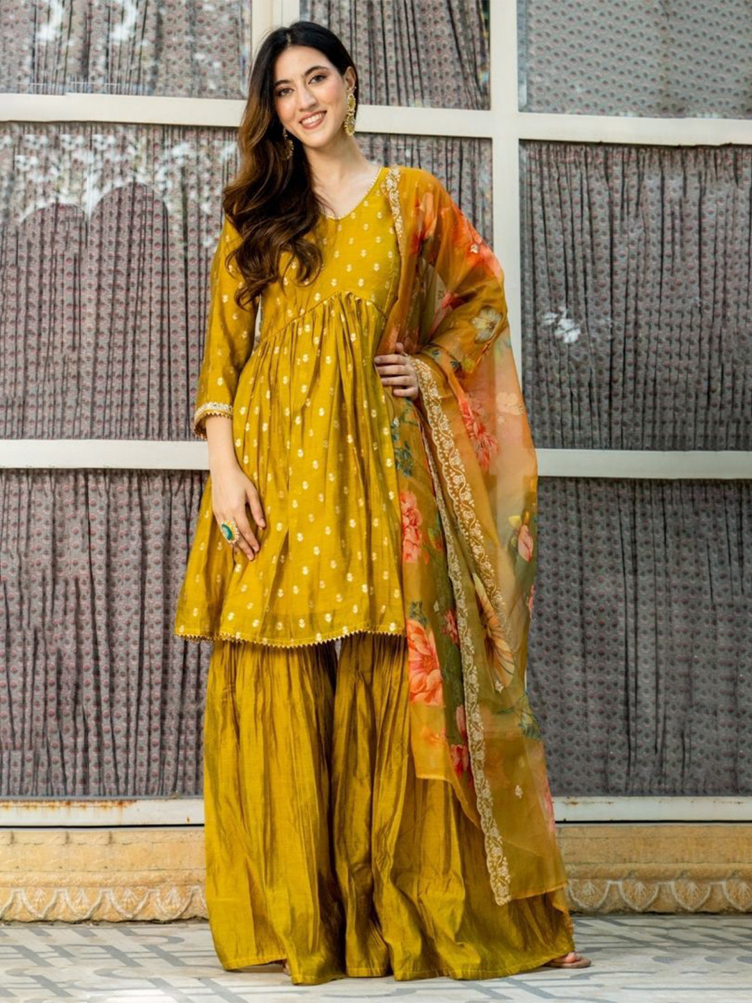 HOUSE OF JAMOTI Goldenrod Floral Printed V-Neck Chanderi Kurta With Sharara & Dupatta