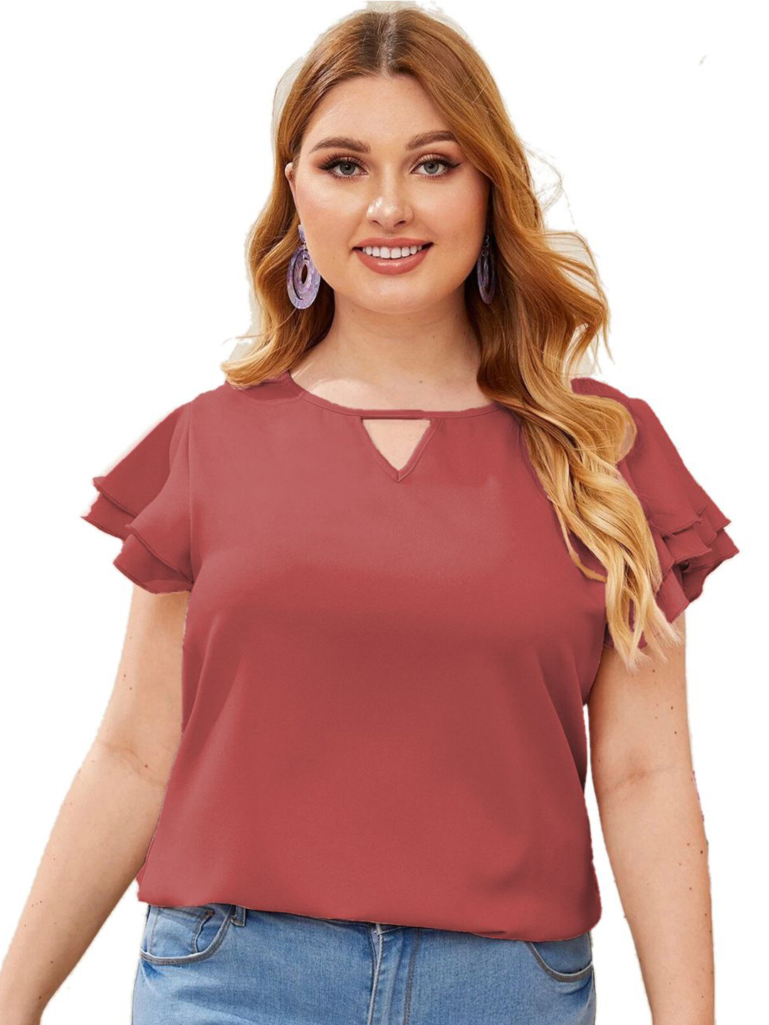 Bronze-Toned Keyhole Neck Flutter Sleeve Top