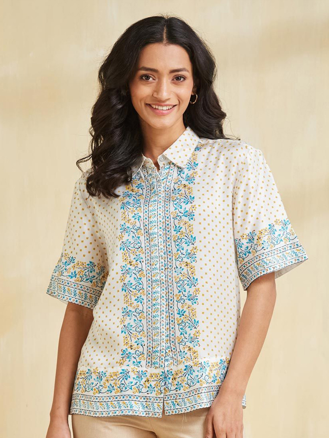 Fabindia Ethnic Motifs Printed Lapel CollerTop