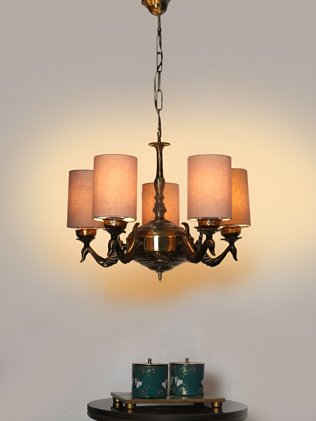Devansh Grey 05 Lights Cylinder Cotton Shade Ceiling Lamp