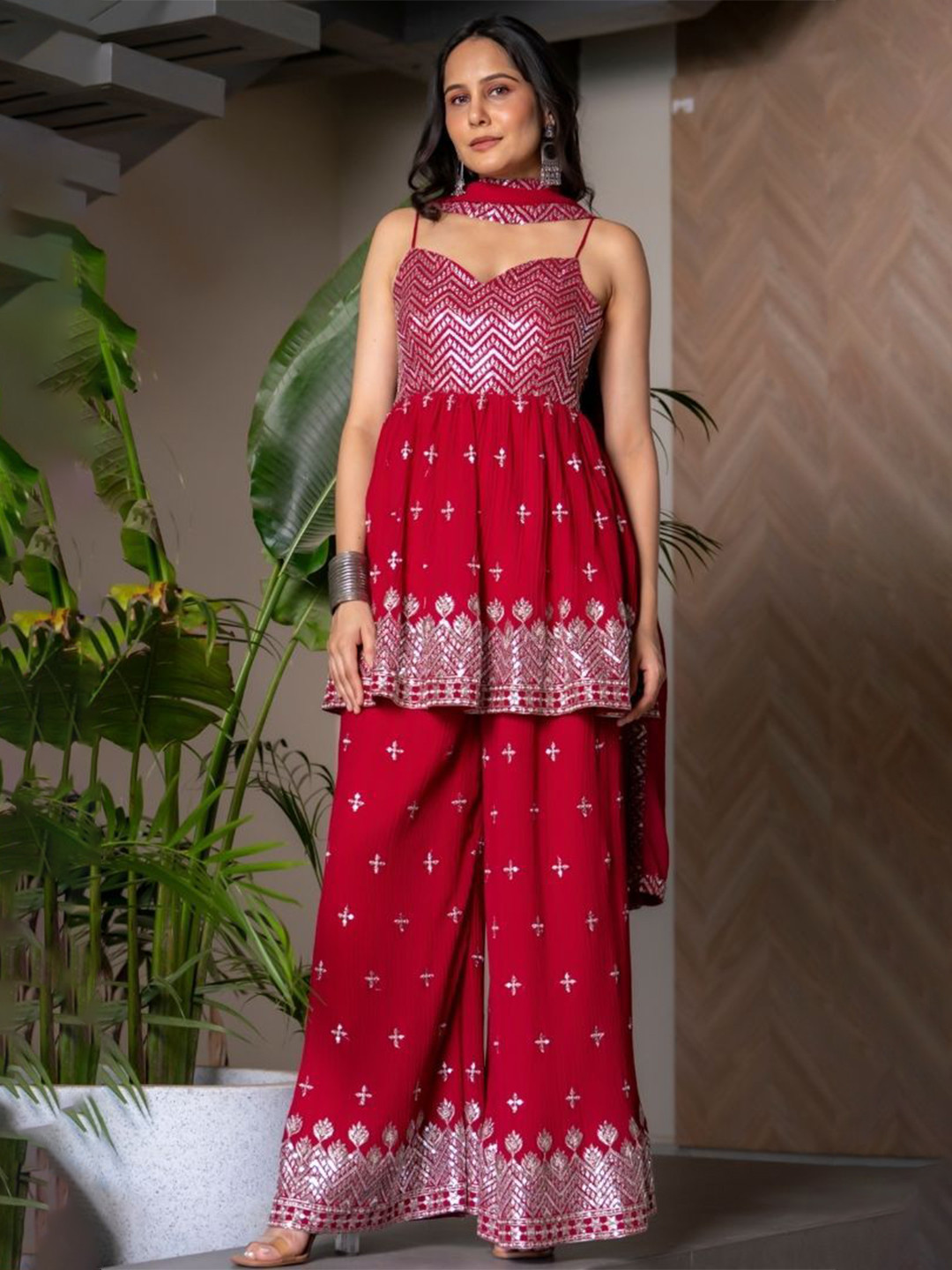 HOUSE OF JAMOTI Floral Embroidered Sequinned Georgette Kurti With Palazzo & Dupatta