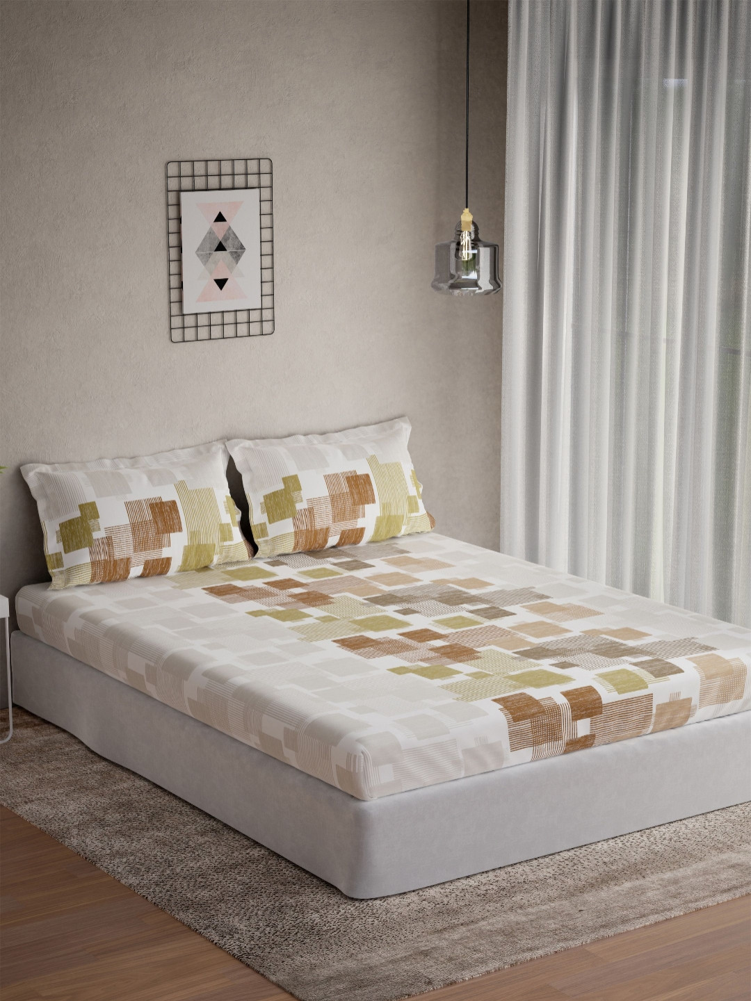 DDecor Live Beautiful Brown Geometric Cotton Soft Touch 145 TC Queen Bedsheet with 2 Pillow Covers-108 x 88 inches