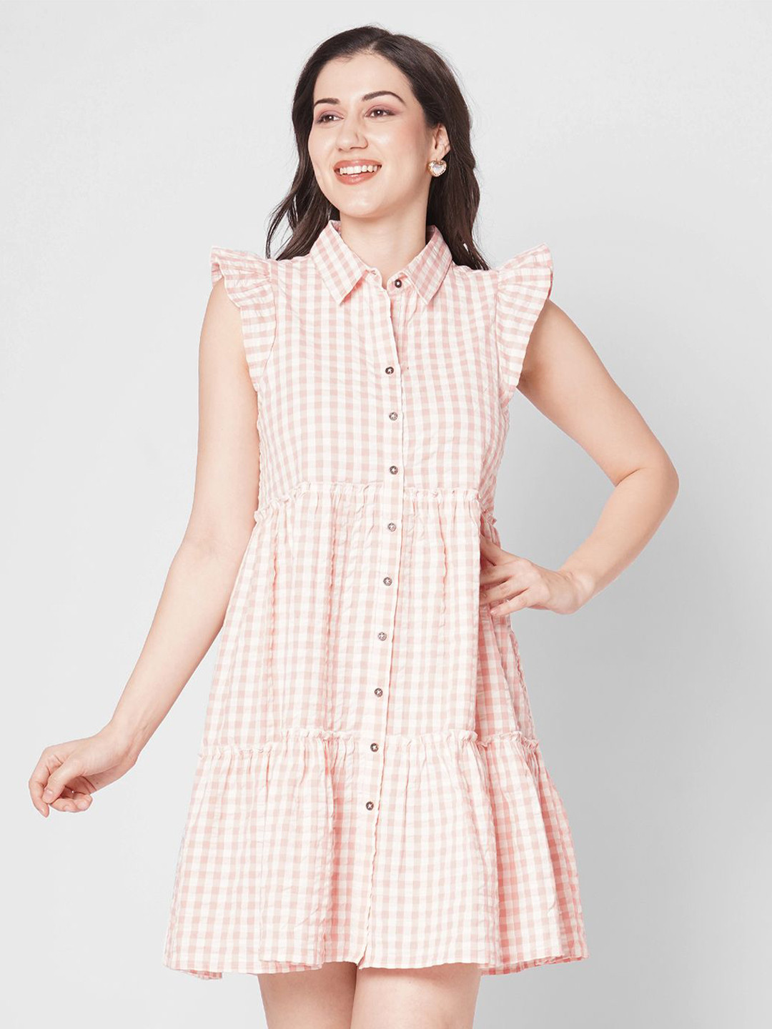 Peach Checked A-Line Dress with Flutter Sleeves