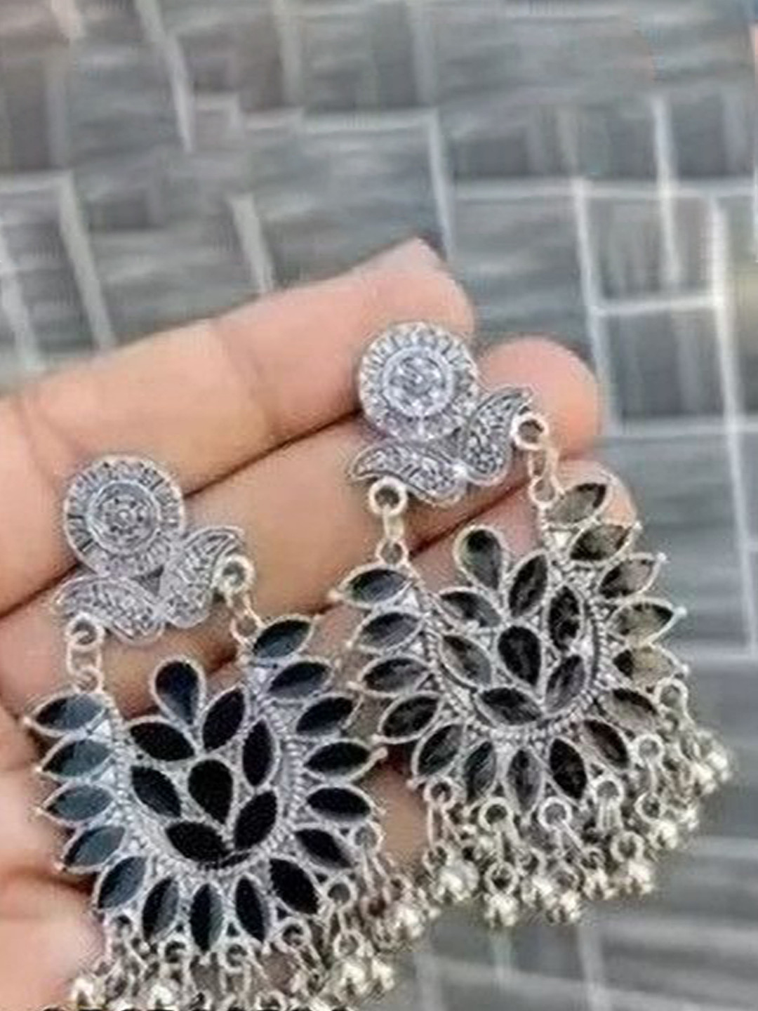 SZN Set Of 4 Silver-Plated Artificial Stones Studded & Beaded Oxidised Drop Earrings
