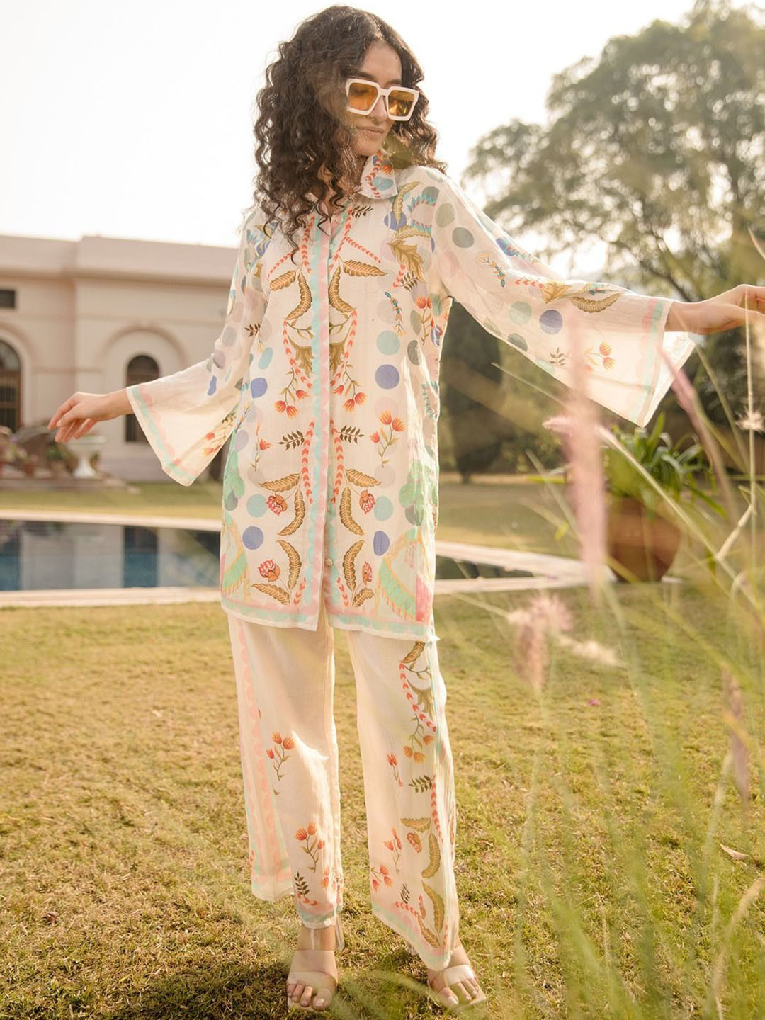 AUTUMN LANE Pavitra Caramel Printed Shirt Collar Pure Cotton Tunic With Trousers Co-Ords