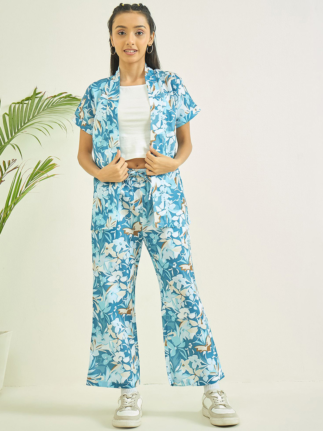 luyk Printed Shoulder Straps Sleeveless Top With Trouser And Jacket