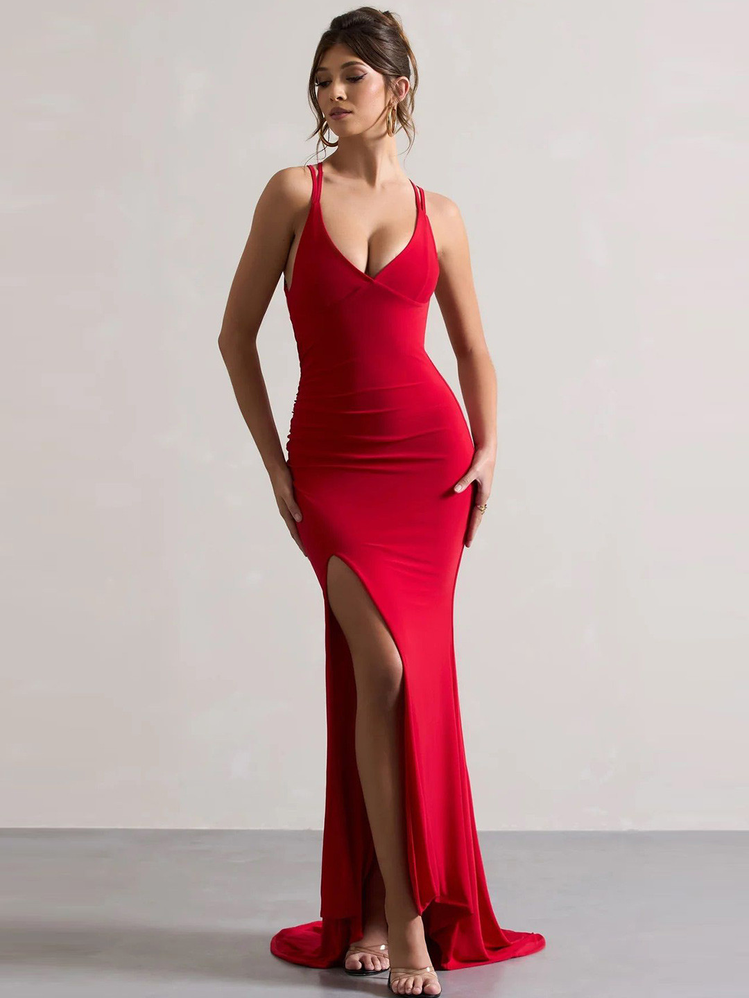 TRAQUILA Women Cherry Red Bodycon Maxi Dress