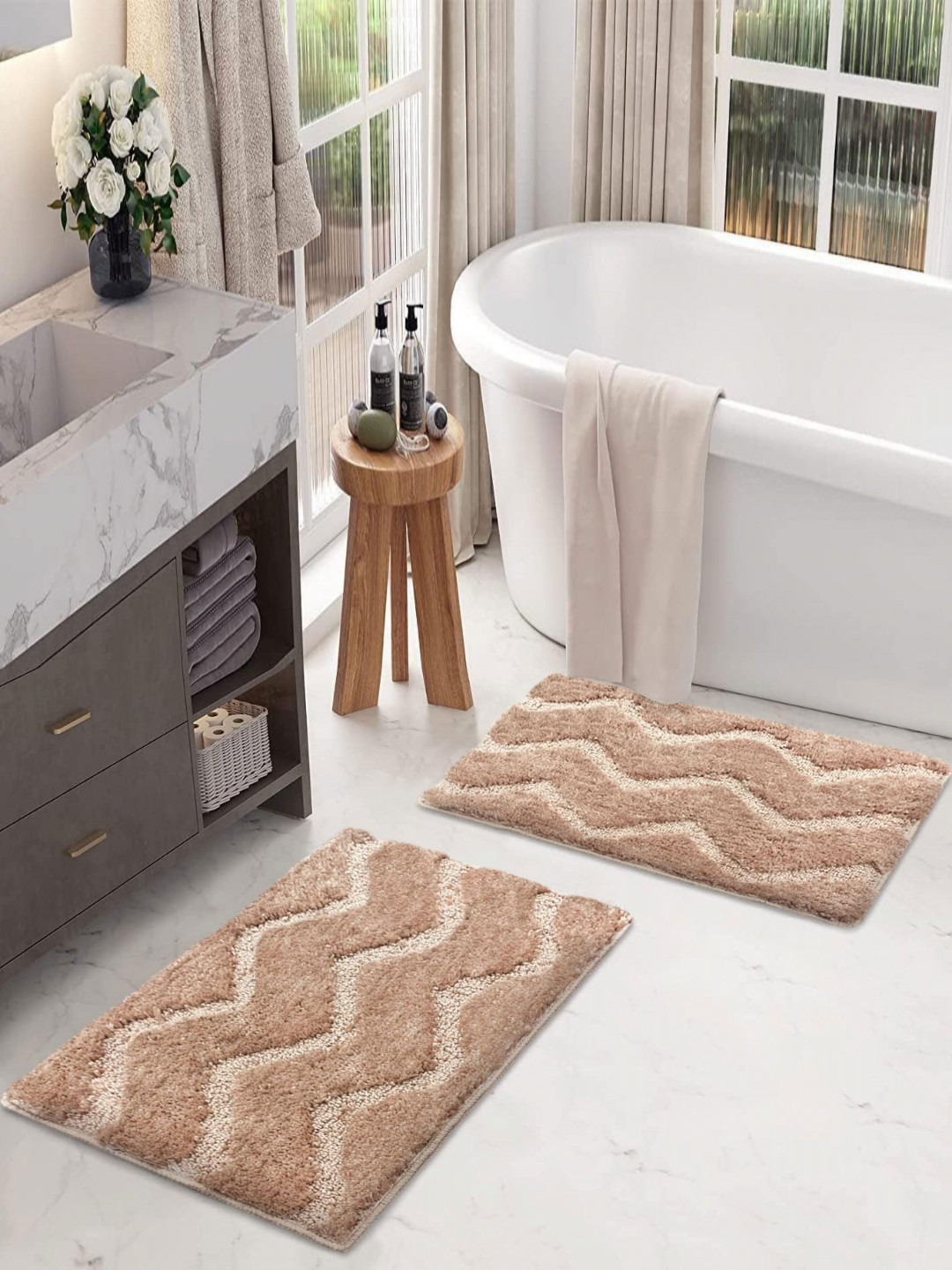 LUXEHOME INTERNATIONAL Scotland Waves Beige 2 Pieces Textured Anti Skid Bath Rugs