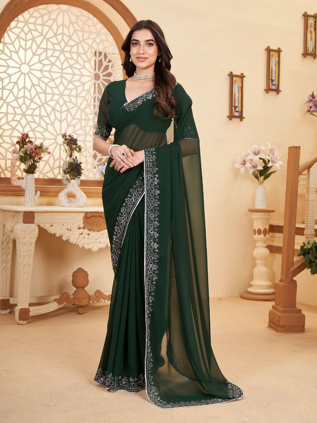 Dori Beads and Stones Embellished Pure Chiffon Saree