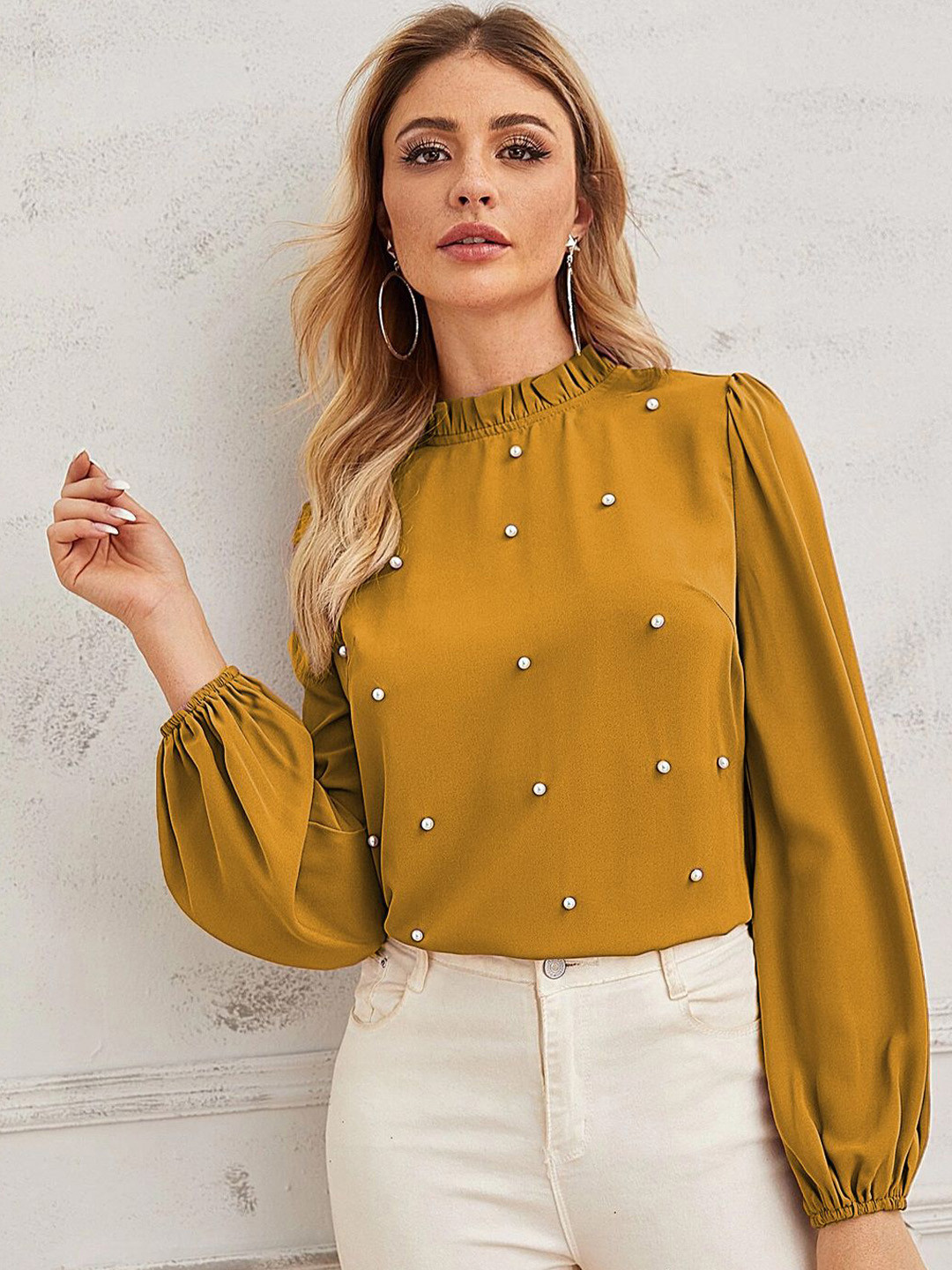 SZN Mustard High Neck Puff Sleeve Top