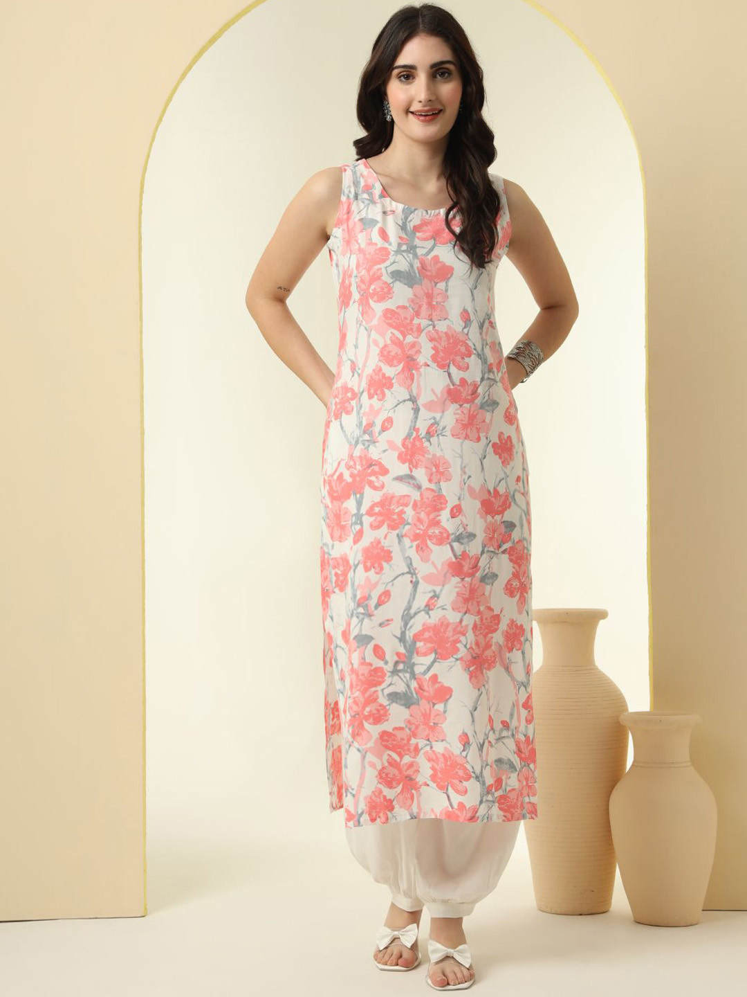 NYPA Floral Printed Round Neck Sleeveless Straight Kurta With Salwar