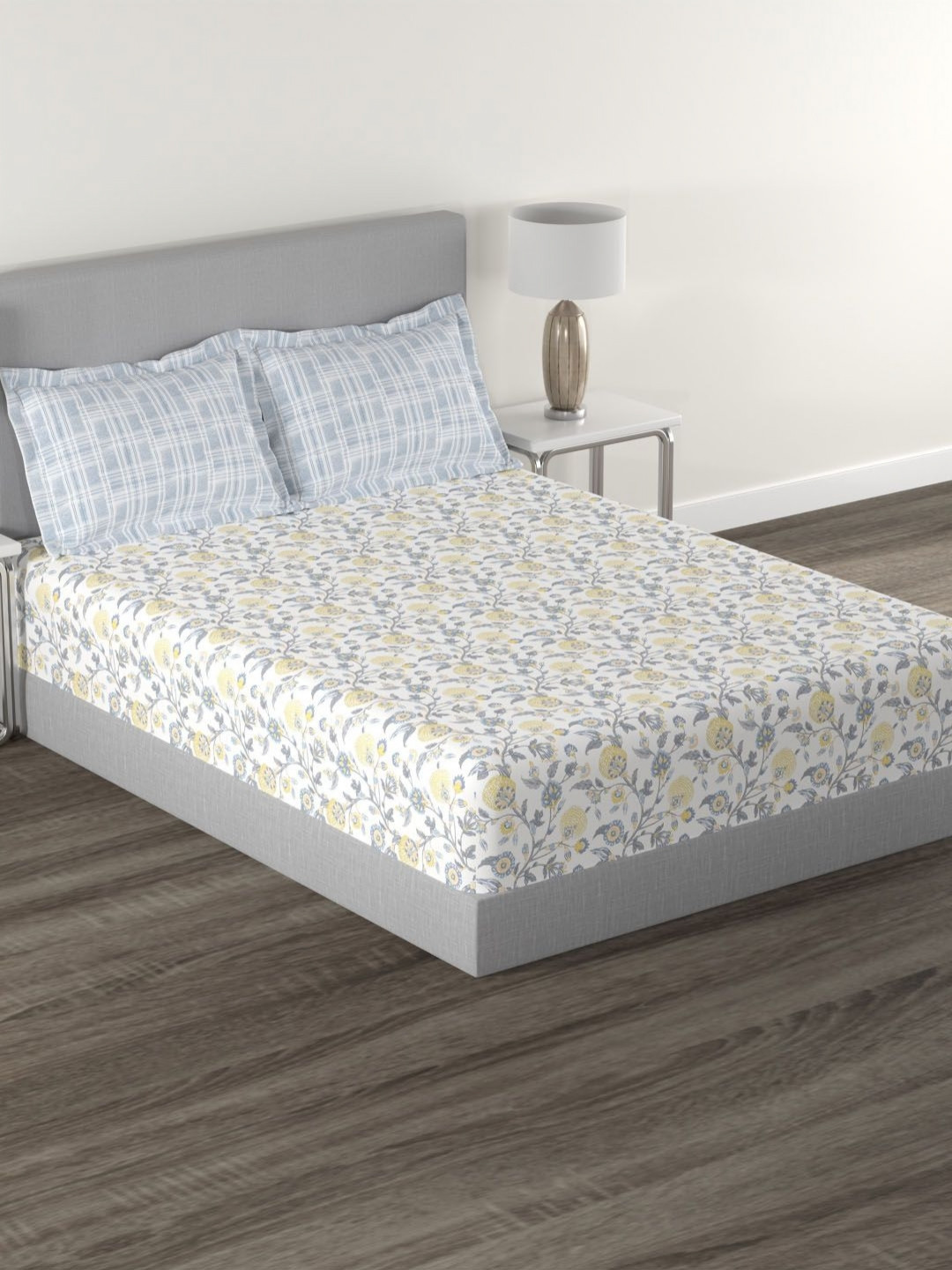 MYTRIDENT Carnival White Floral Cotton 144 TC Queen Bedsheet with 2 Pillow Covers-90 x 100 inches