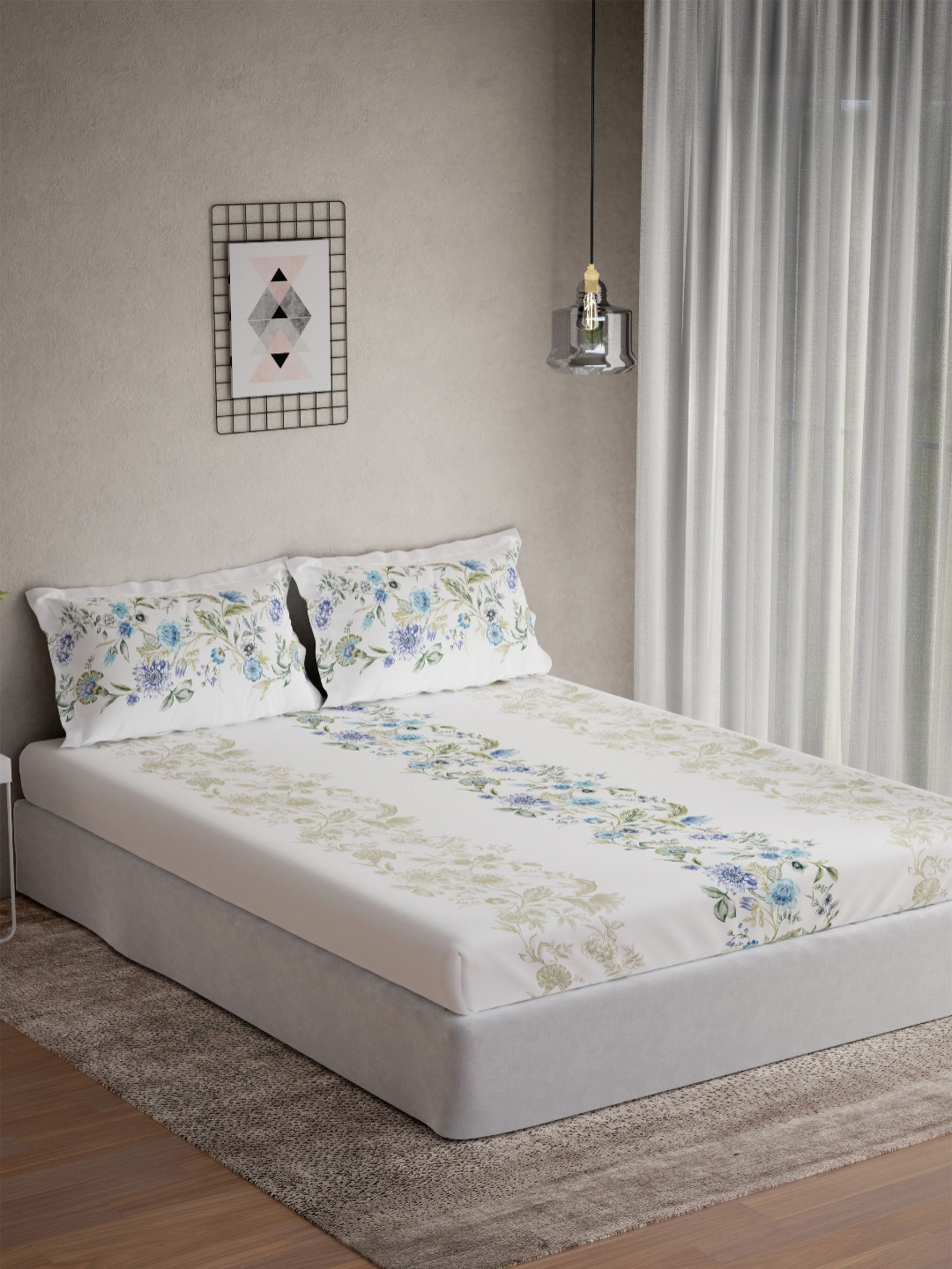 DDecor Vega Blue Floral Cotton 145 TC Queen Bedsheet with 2 Pillow Covers-254 x 191 cm