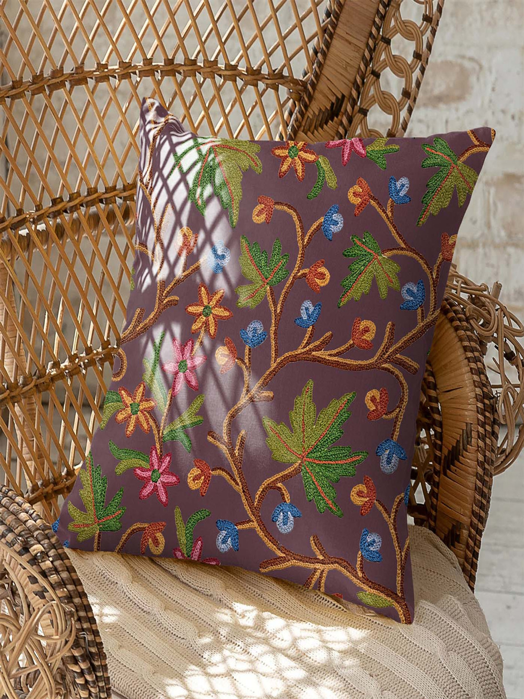 CASABLEU Premium Varoski Kashmiri Purple Leaf Polyester 2 Pcs Cushion Covers -18x18In