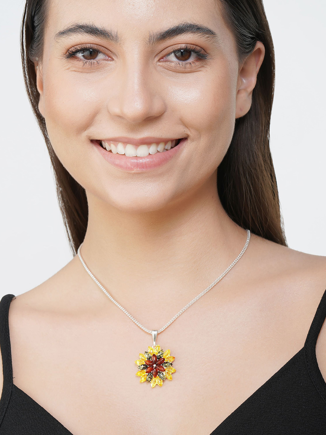 Asteri Shine On Sterling Silver Multicolor European Baltic Amber Flower  Pendant