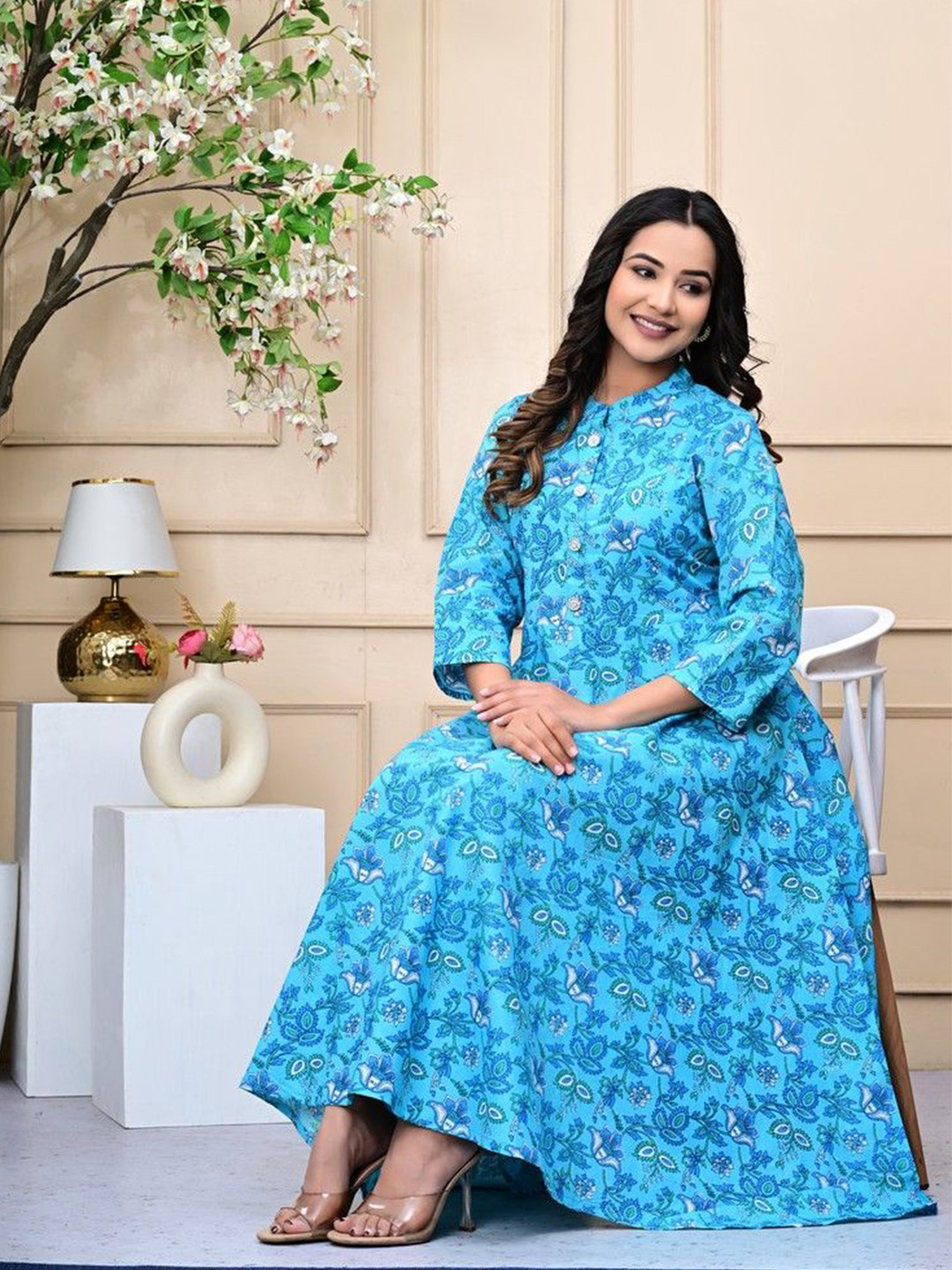 SANGANER MART Floral Printed Mandarin Collar Fit & Flare Cotton Midi Ethnic Dress