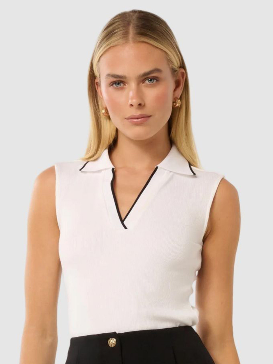 Forever New Women Ribbed Shirt Collar Fitted Top
