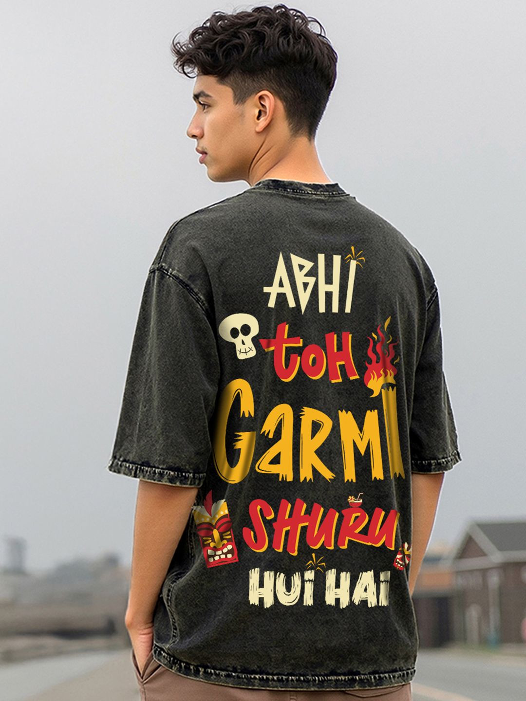 Bewakoof Men's Black Hot Headed Graphic Printed Oversized Acid Wash T-shirt