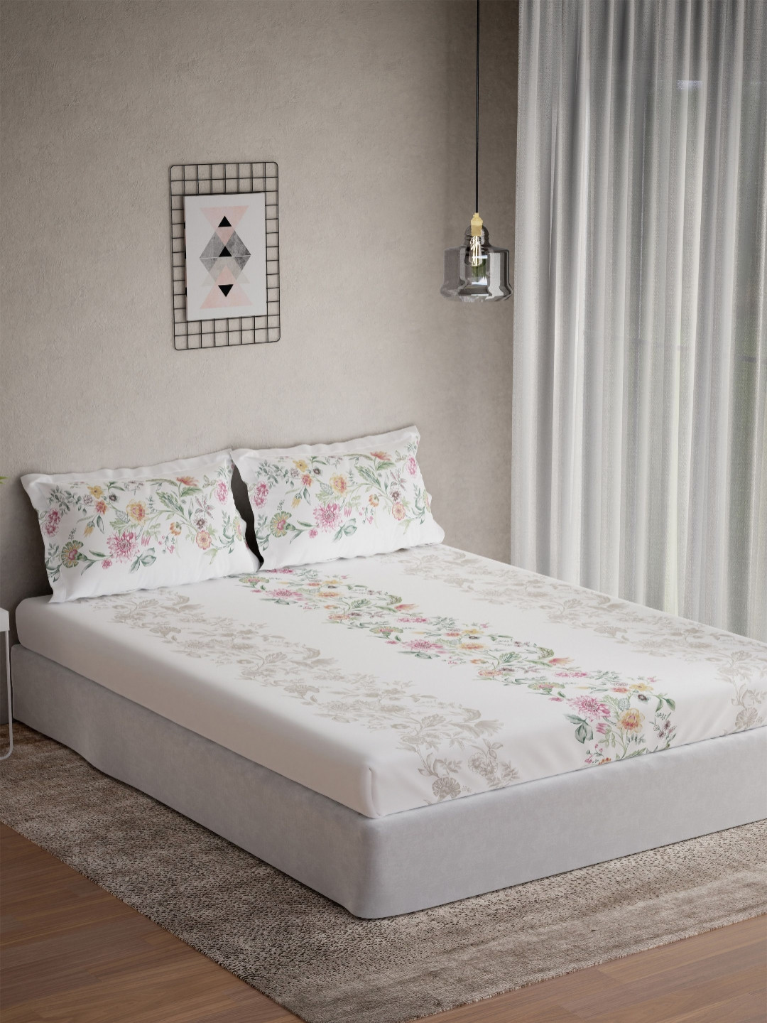 DDecor Omega Collection Pink Floral Pure Cotton 145TC King Bedsheet With 2 Pillow Covers