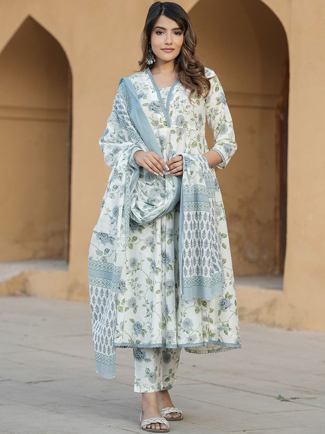 KALINI Floral Printed V-Neck Anarkali Pure Cotton Kurta With Trousers & Dupatta