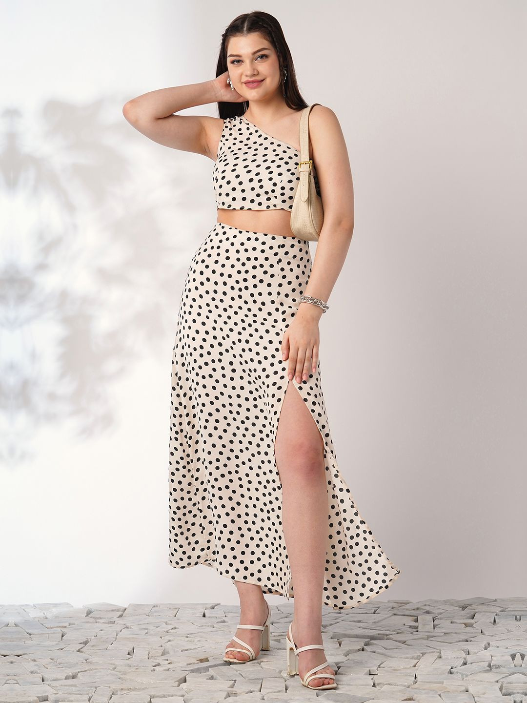 Globus Polka Print One Shoulder Crop Top With Side Slit Maxi Skirt Co-Ord Set