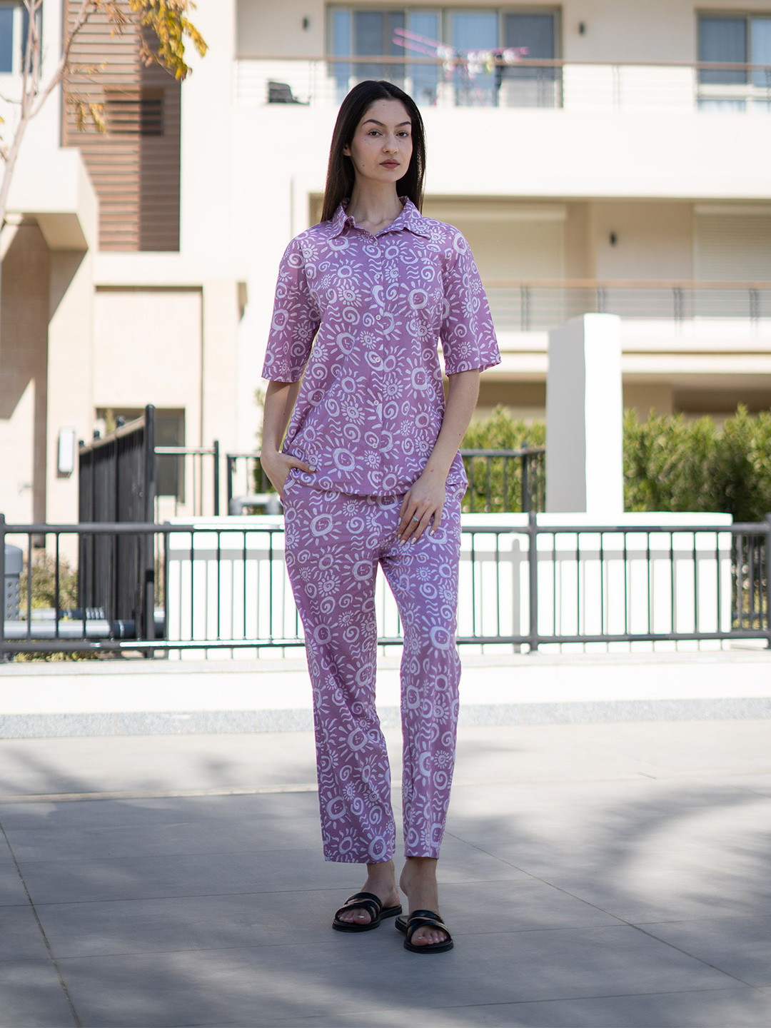 SANSKRUTIHOMES Women Lavender Color Printed Night Suit Set For Women