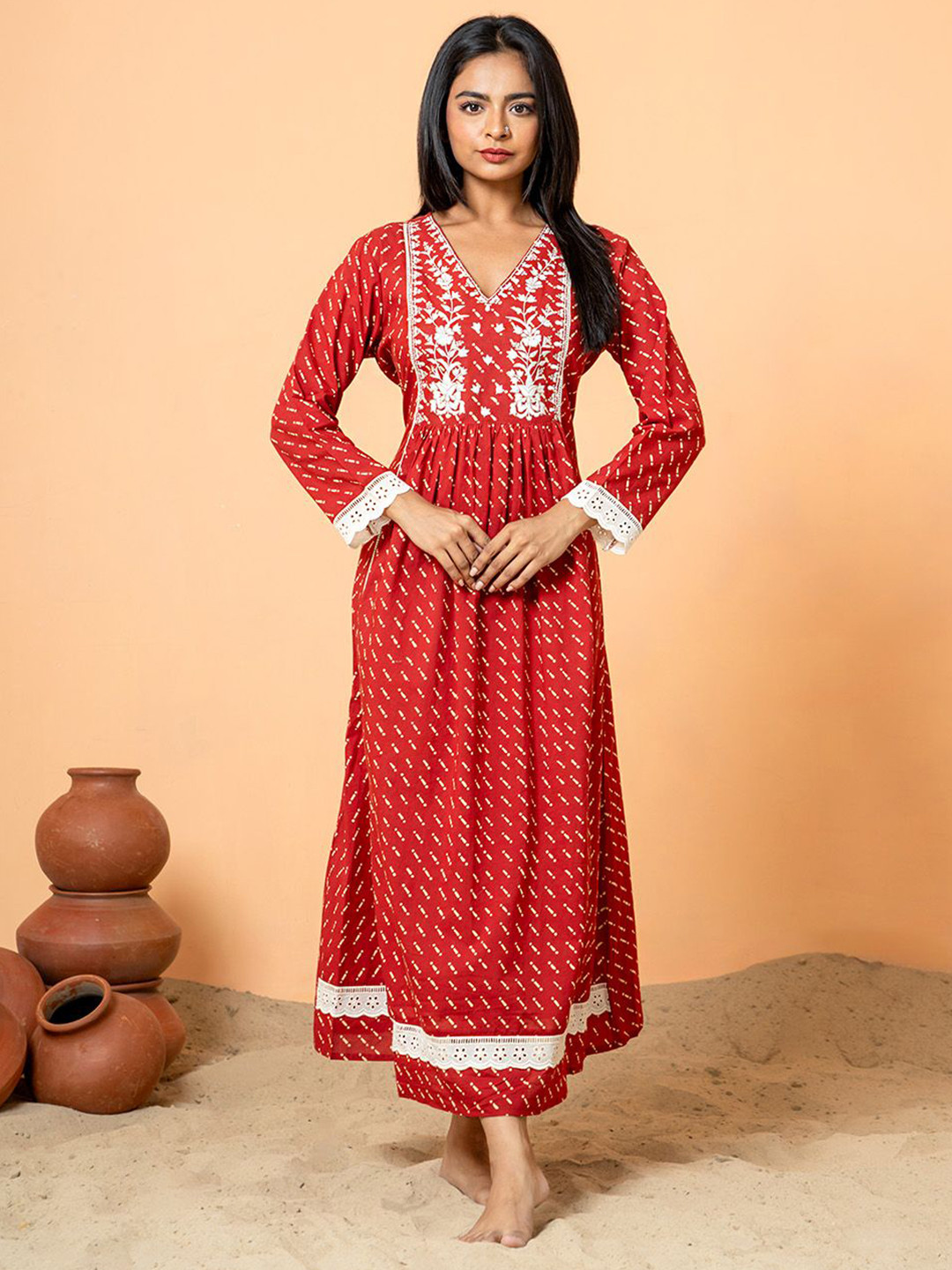 COTTONS DAILY Geometric Printed V-Neck Pure Cotton A-Line Kurta