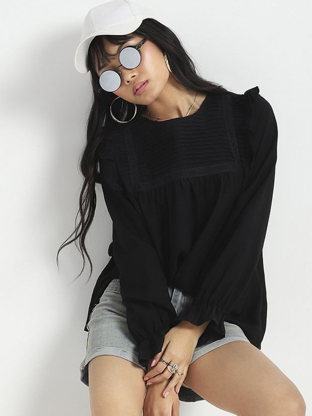 Women Black Pleated Yoke Ruffle Korean Top