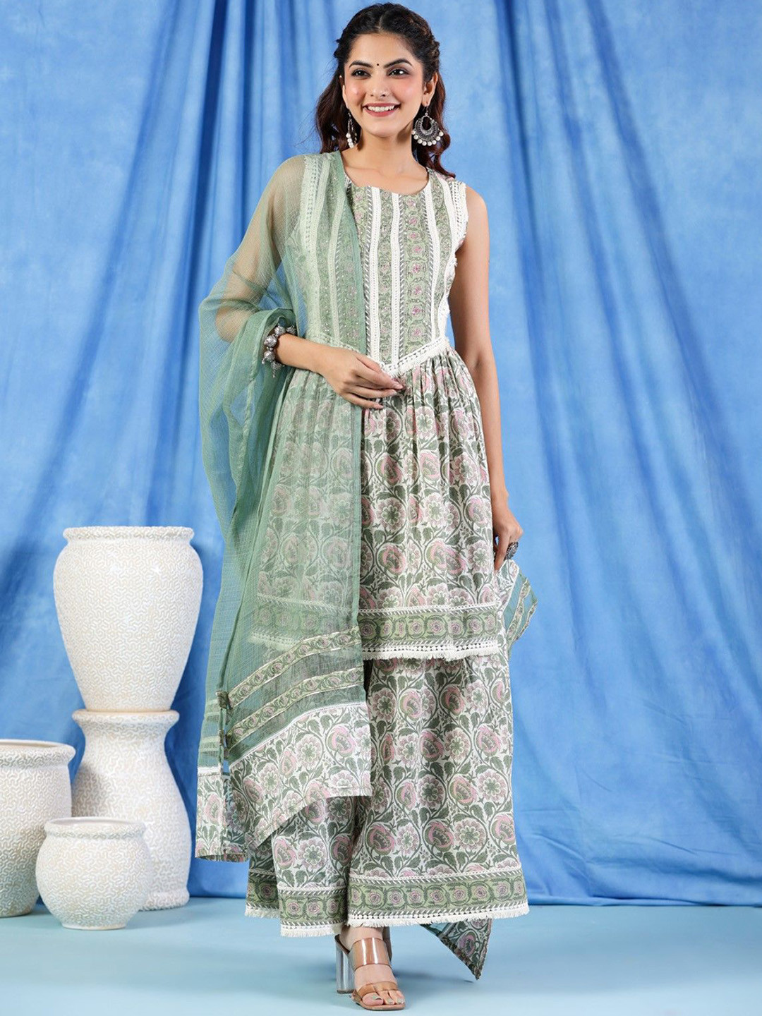 AUTUMN LANE Pavitra Moss Floral Printed Pure Cotton Kurta With Sharara & Dupatta
