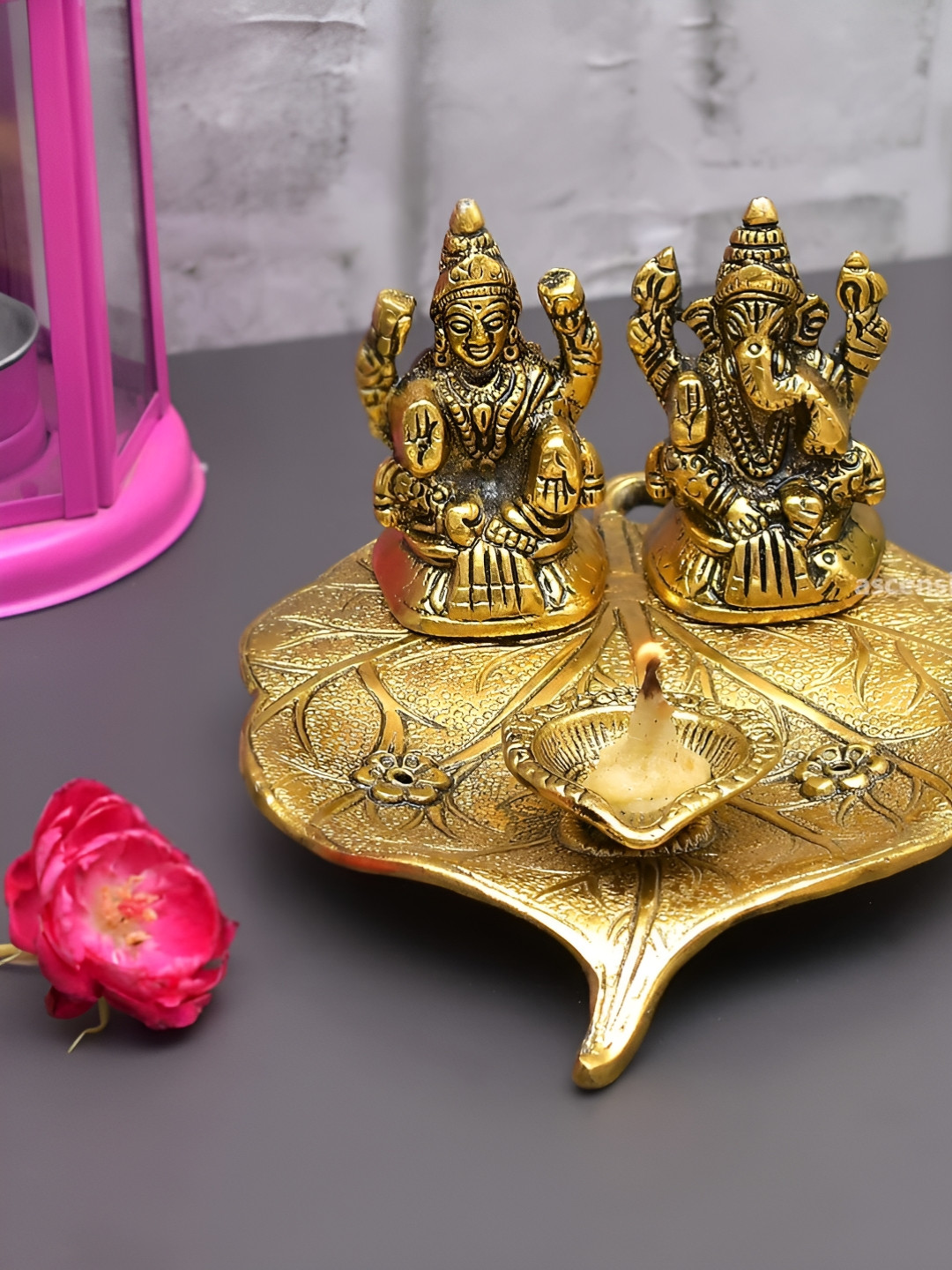 Ascension Leaf Laxmi Ganesha Gold Metal Metallic Living Room Tiny Showpiece - 5.1 Inches