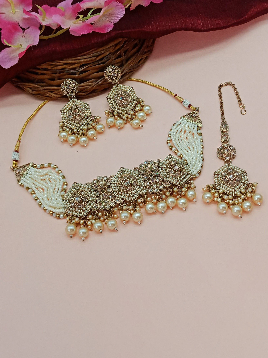 AASHISH IMITATION American Diamond Stone Studded and Beaded Jewellery Set