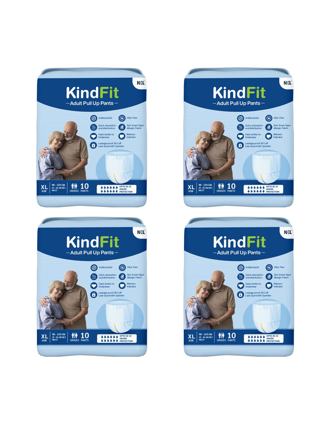 Kindfit Set Of 4 Rash Free Disposable Adult Pull Up Pants Diapers - XL - 10 Pcs Each