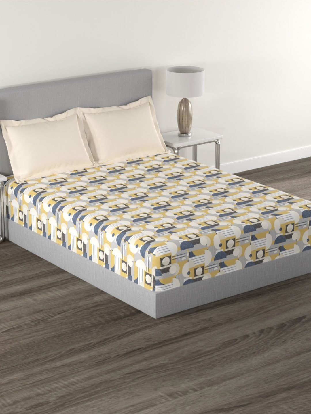 MYTRIDENT Carnival White Geometric Cotton 144 TC Queen Bedsheet with 2 Pillow Covers-90 x 100 inches