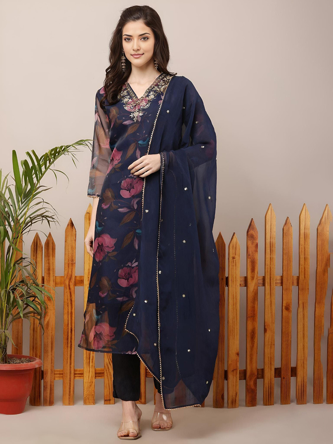 Amodra Floral Printed Beads and Stones Organza Kurta With Trousers & Dupatta