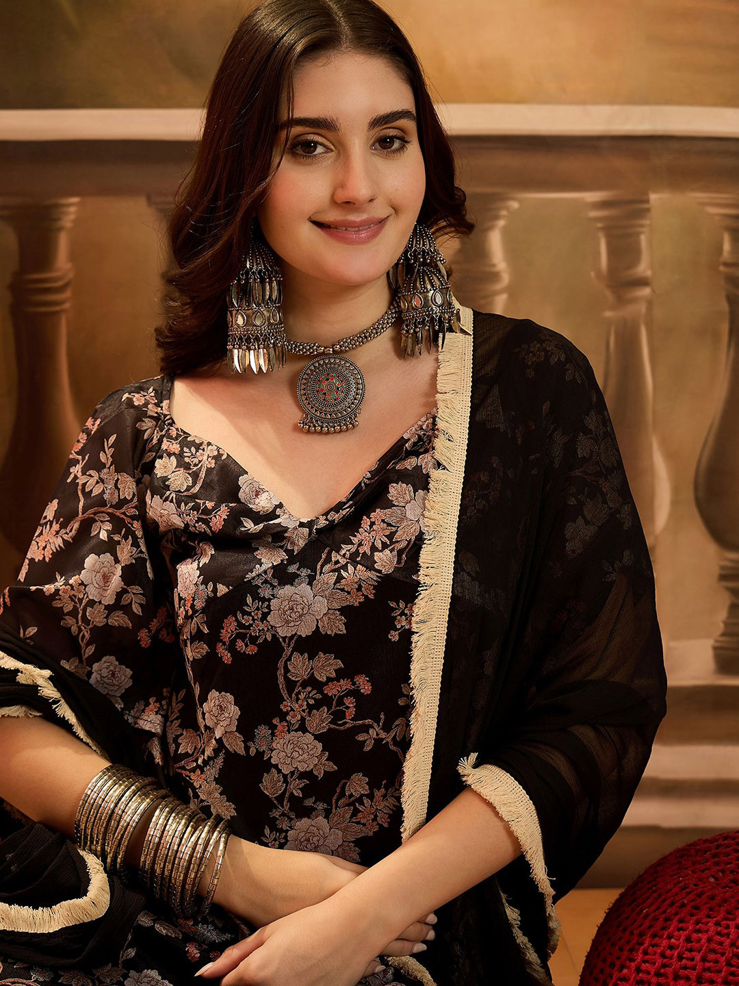 Sangria Floral Printed Sweetheart Neck Chinon Straight Kurta With Churidar & Dupatta