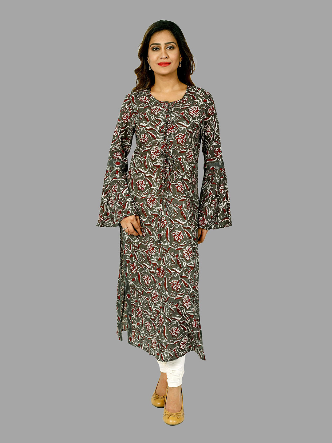 HANDICRAFT PALACE Floral Printed Flared Sleeves Straight Kurta