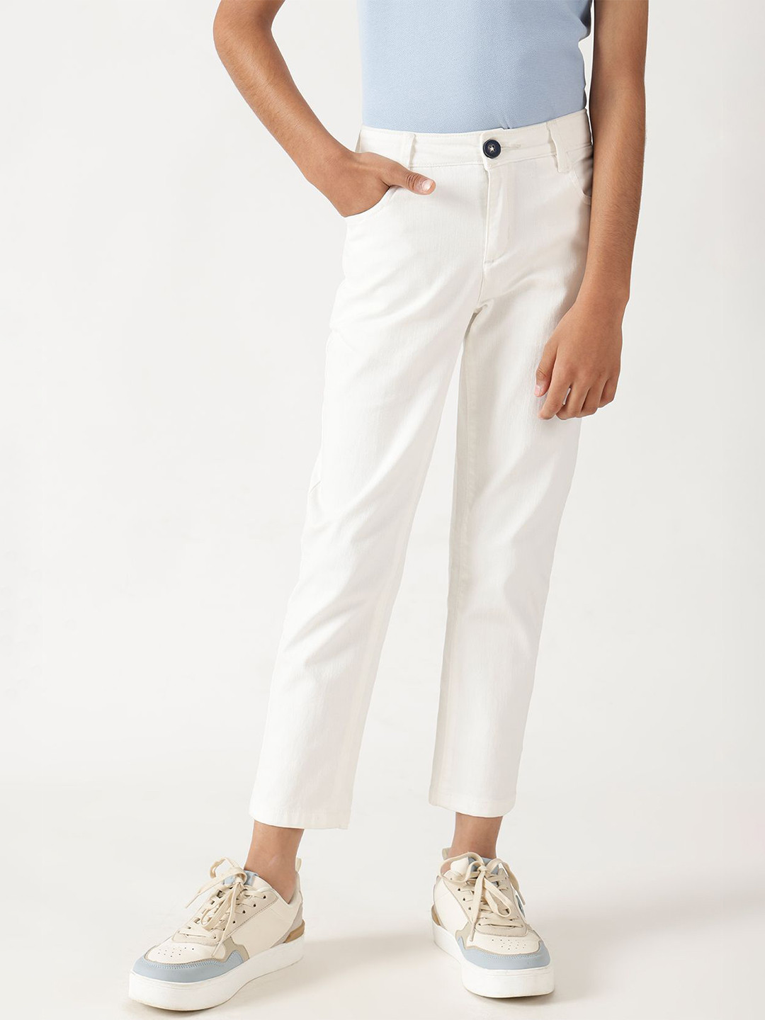One Friday Boys Off White Regular Fit Solid Trousers