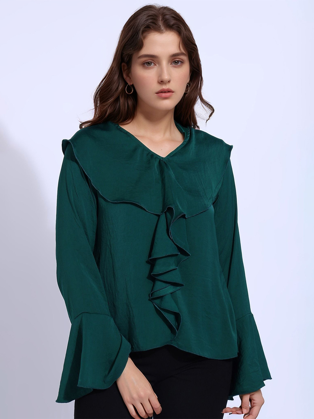 DressBerry Women V Neck Bell Sleeve Ruffles Top