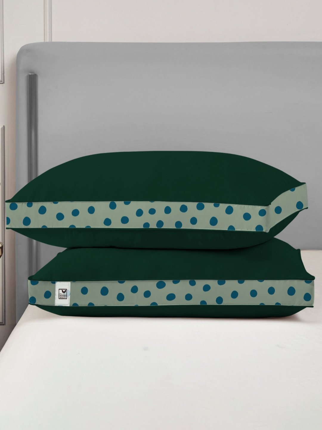 THE WOOD WHITE Green Polka Dots Polyester Breathable Set of 2 Medium Fibre Sleep Pillow-68 x 43 cm