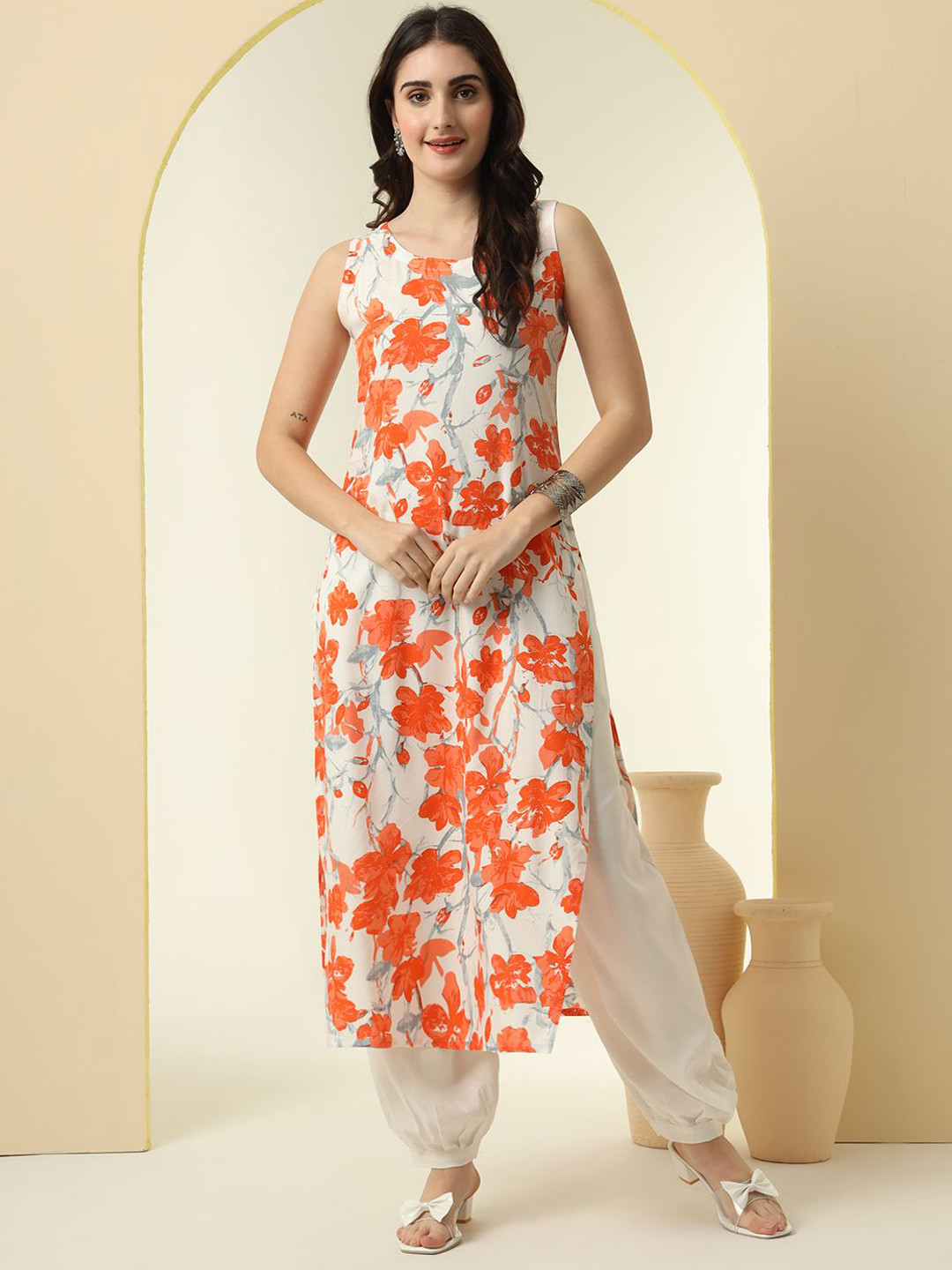 NYPA Floral Printed Sleeveless Straight Kurta With Harem Pants