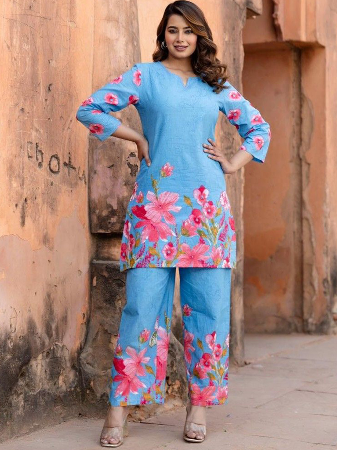 AUTUMN LANE Ushoshi sky Printed Pure Cotton Tunic With Trousers Co-Ords