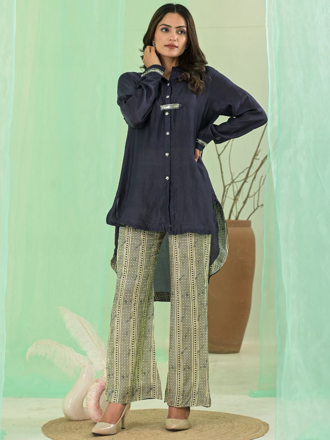 AUTUMN LANE Pavitra Azure Printed Long Sleeves Tunic With Palazzo