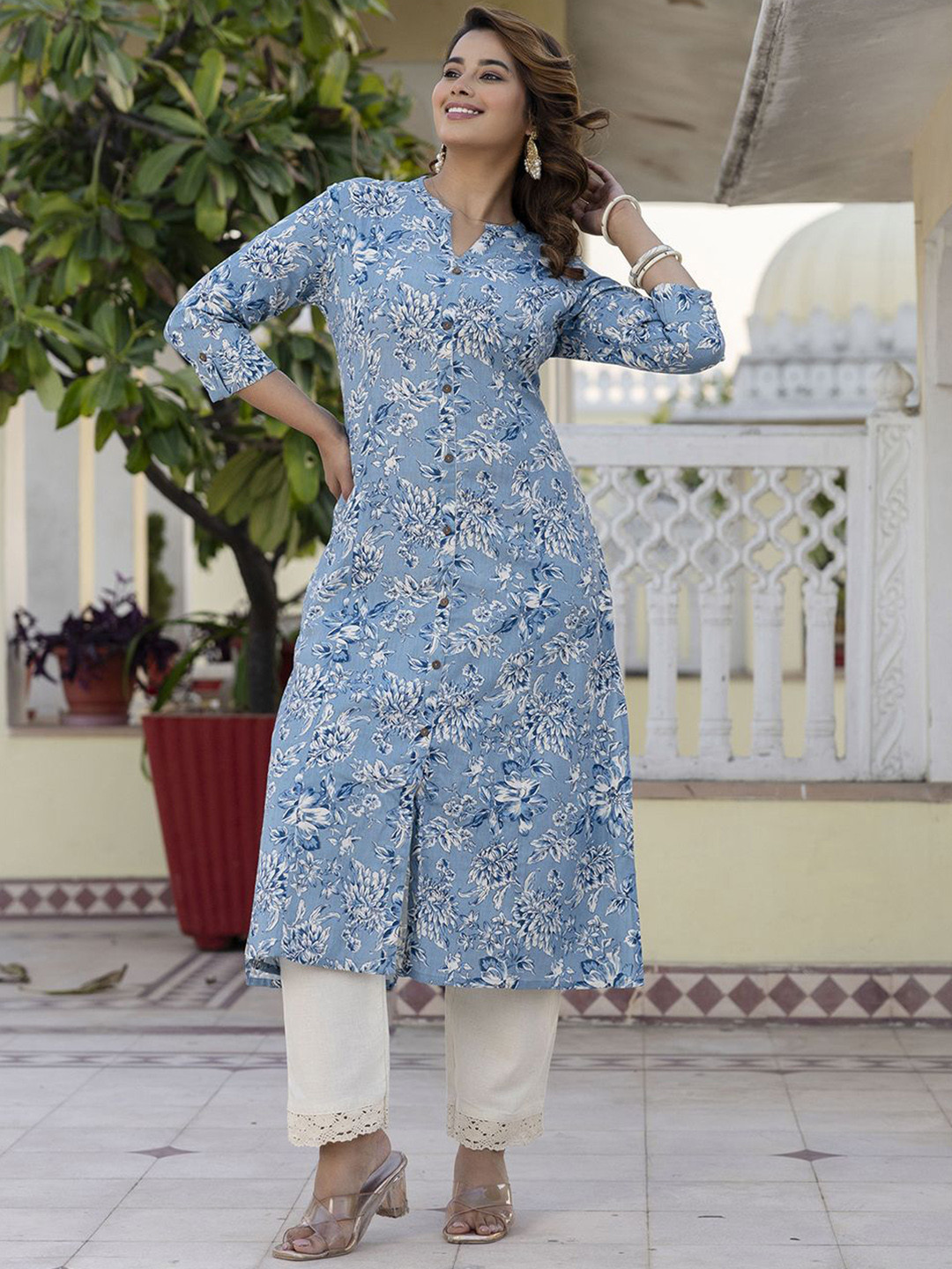 Pistaa Floral Printed High Slit Mandarin Collar Pure Cotton A-Line Kurta With Trousers