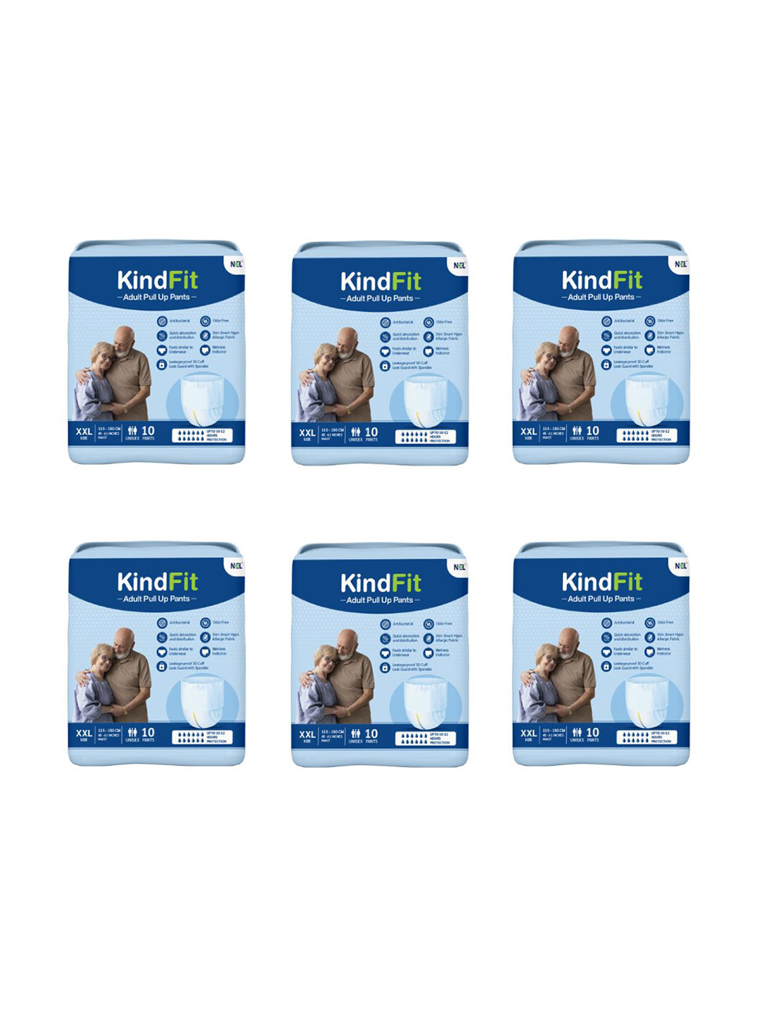 Kindfit Set Of 6 Adult Pull Up Leakage Proof Pants Diapers - XXL - 10Pcs Each