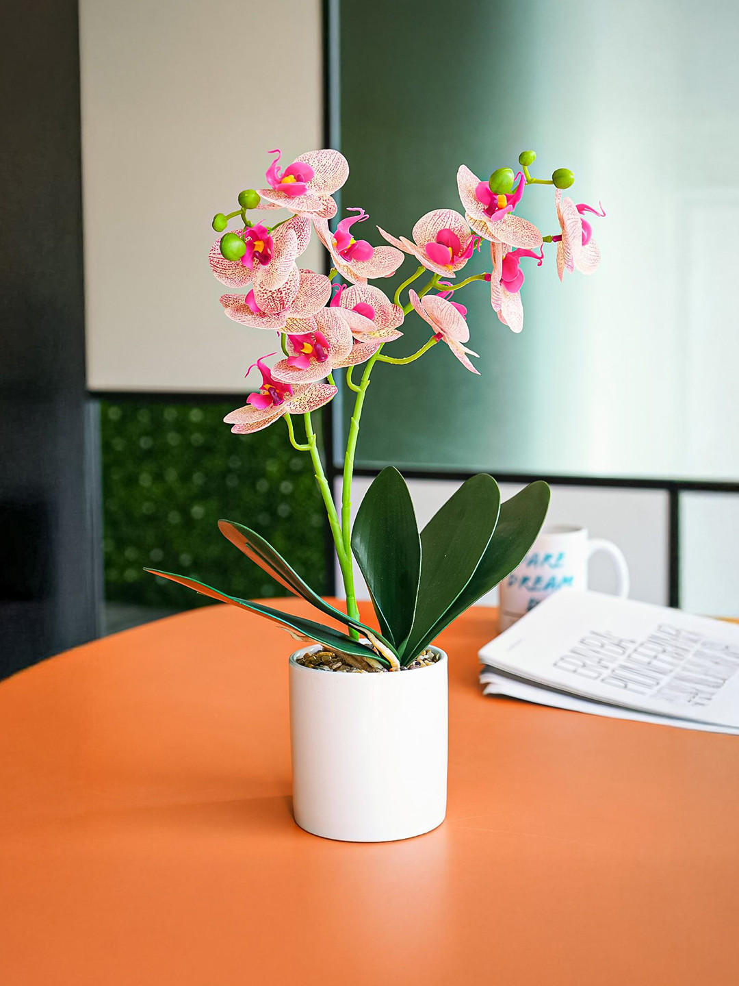 Nostrae by Ekhasa Pink Orchid Artificial Flowers With Ceramic Vase Pot for Home Decor