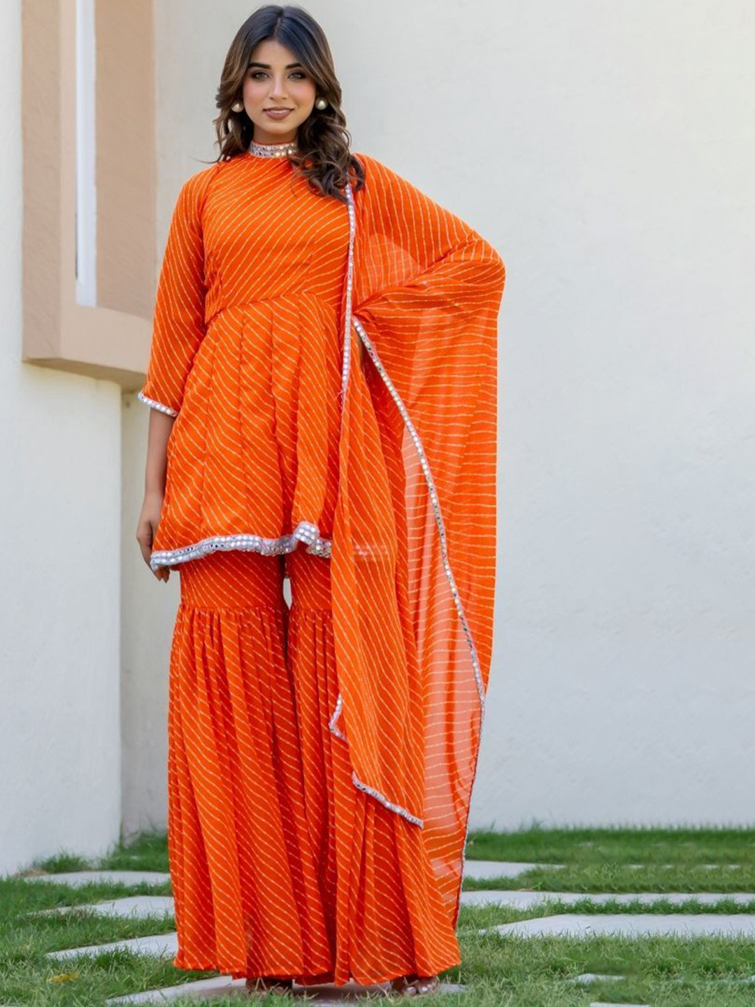 HOUSE OF JAMOTI L Leheriya Printed Georgette A Line Kurti With Sharara & Dupatta