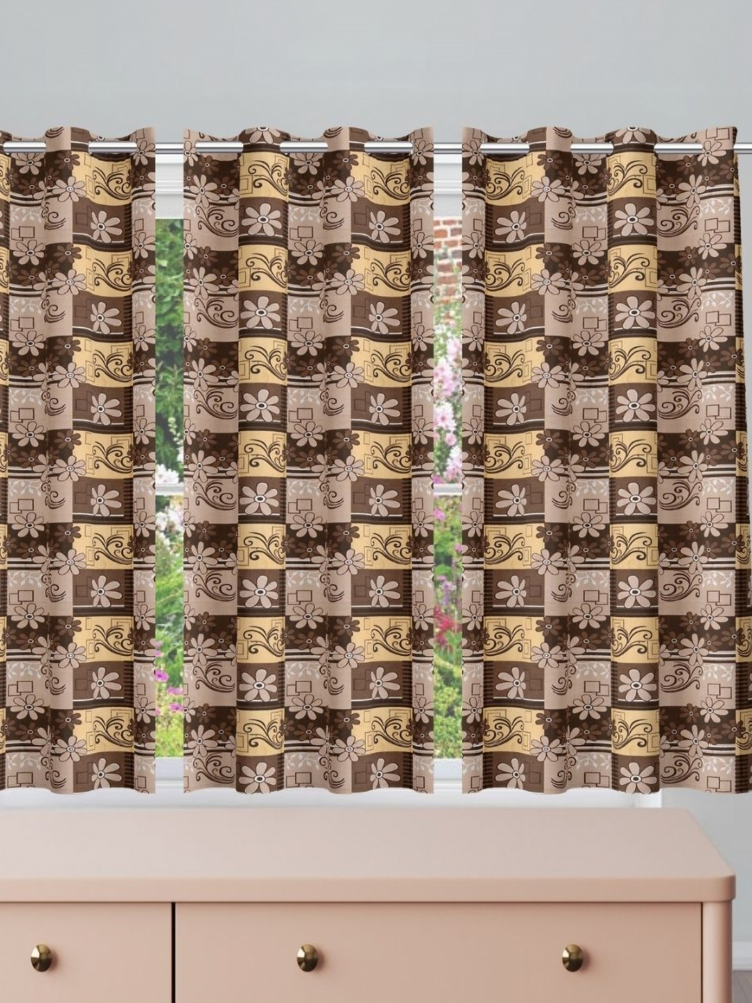 POORAK Brown Set of 3 Geometric Sheer Window Curtain