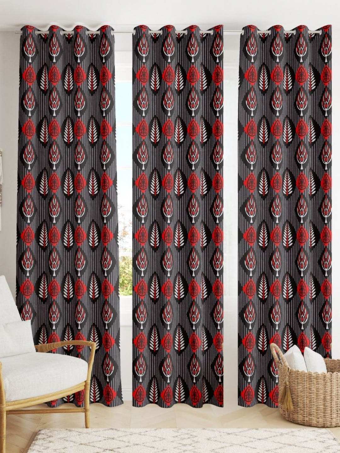 POORAK Red & Black 3 Pieces Geometric Sheer Door Curtain