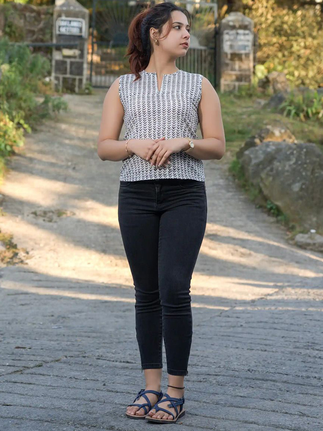 Nilam India Black Hand Block Print Leaf Sleeveless Top