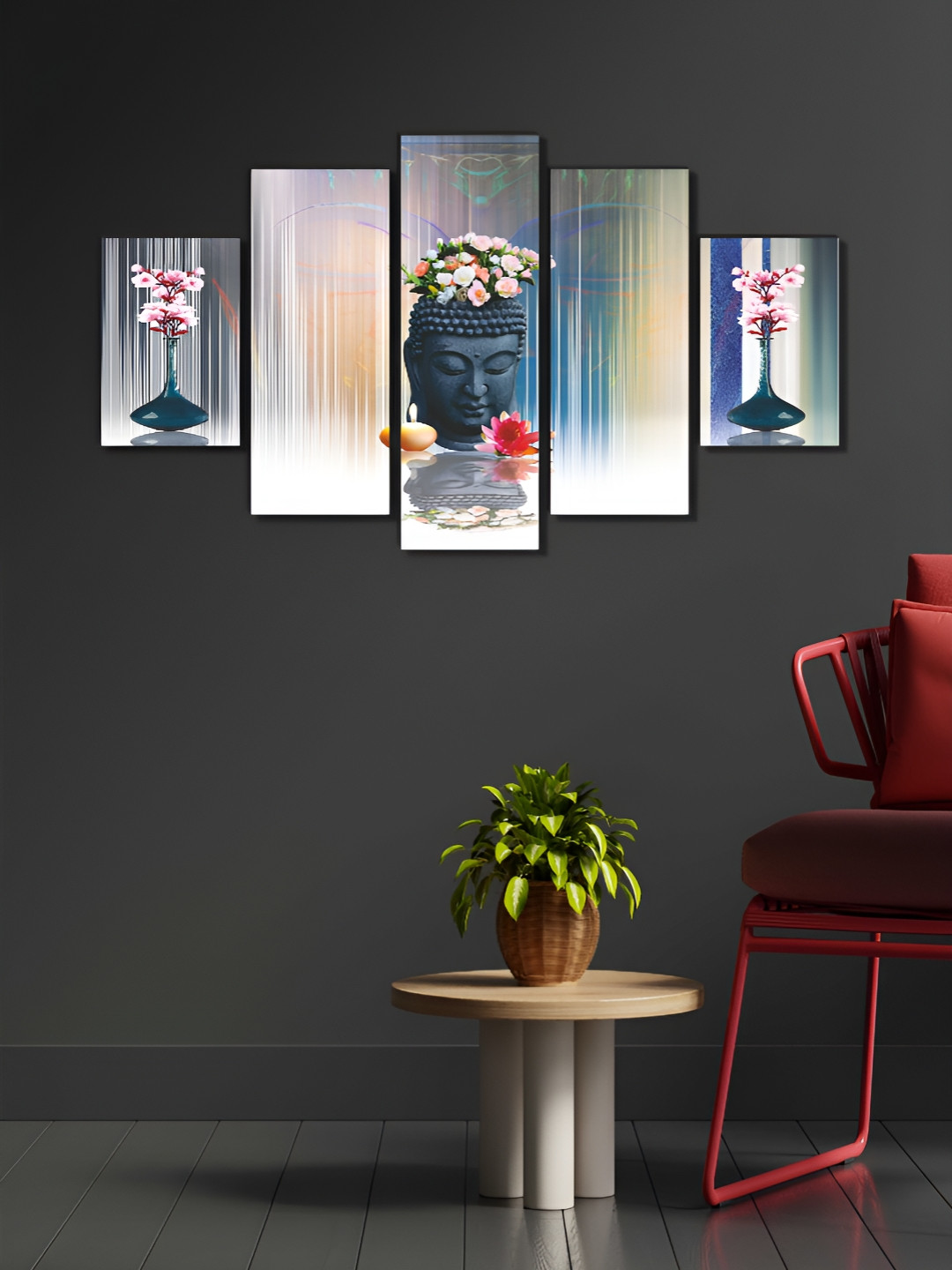 Livin'luxe White & Blue 5 Pieces Wooden Buddha Painting Wall Art